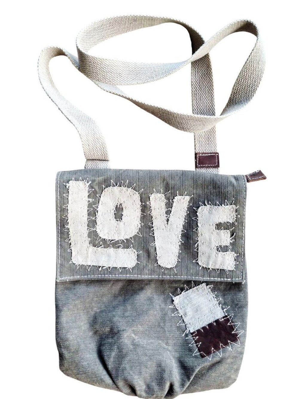 Handmade Canvas Shoulder Bag With LOVE Patchwork & Adjustable Strap Boho Artsy